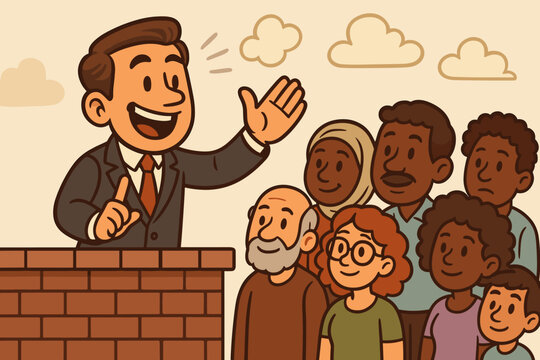 Cartoon politician giving speech behind brick podium to diverse multicultural audience. Election campaign, public speaking, leadership, democracy, government, crowd, community, vector illustration