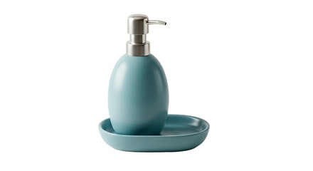 A teal soap dispenser and tray set, perfect for your modern bathroom.