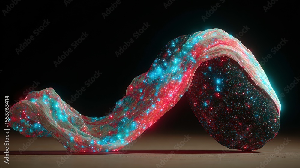 Poster abstract representation of cosmic forms with vibrant colors illuminating a rock-like structure again