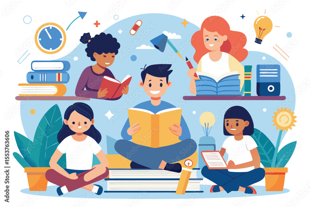 Poster students engage in collaborative learning and reading in a colorful classroom filled with educationa