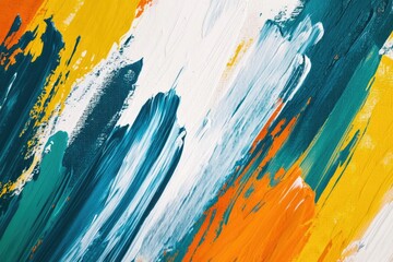 Dynamic abstract painting with bold brushstrokes in teal, orange, white, and yellow hues. Energetic composition for modern backgrounds, creative designs, or contemporary artistic projects