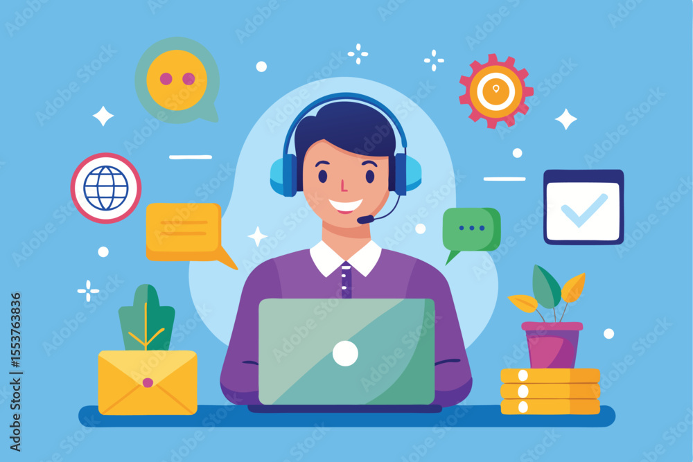 Poster customer support concept featuring a service representative assisting clients with a laptop while su