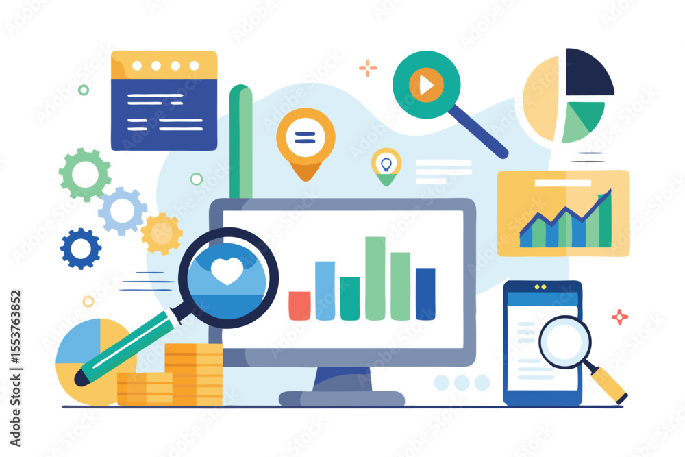 Poster research and analysis techniques illustrated with graphics and charts, highlighting data insights an