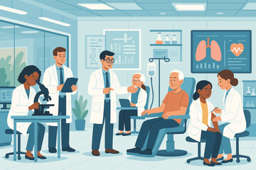 Diverse team of doctors, scientists, and patients in a modern medical research lab. Clinical trial concept with vaccination, IV therapy, and microscope analysis. Vector illustration.