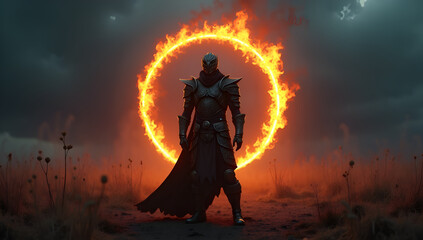 Masked Warrior in Fiery Magic Circle