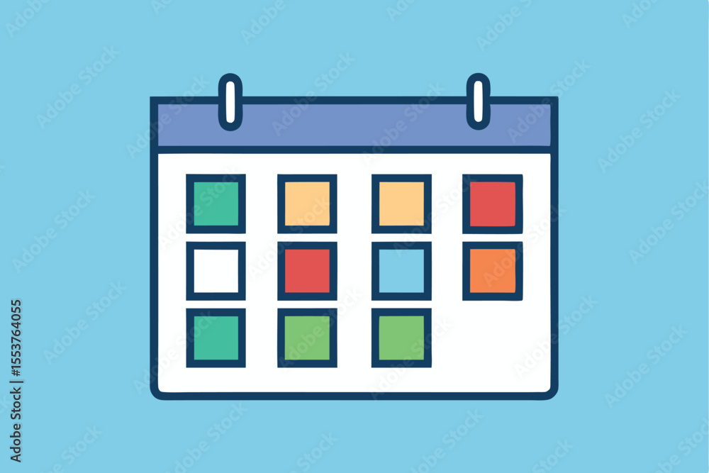 Poster minimalist calendar icon featuring a clean geometric grid layout in vibrant colors on a soft blue ba