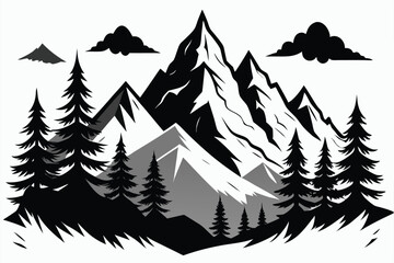 Obraz premium Black and white wall art depicting a majestic mountain range surrounded by dense trees, capturing the serene beauty and raw wilderness of nature
