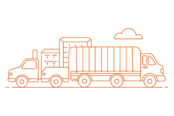 Continuous line drawing of cargo trucks transporting goods through a landscape with clouds in the background