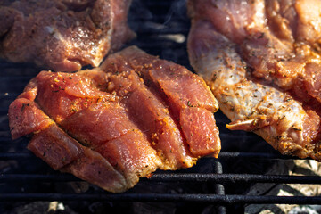 Pork chops, steak, sausages on barbecue grill