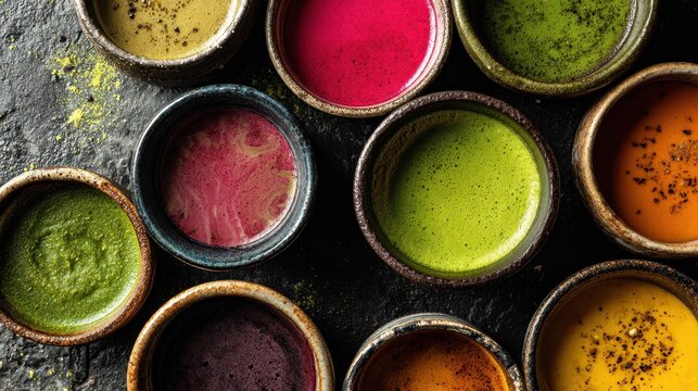 Creamy vegetable soups in minimalist bowls, a vibrant and wholesome culinary delight