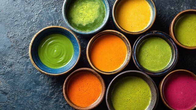 Creamy vegetable soups in minimalist bowls, a vibrant and wholesome culinary delight
