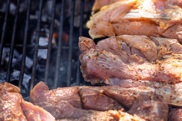 Pork chops, steak, sausages on barbecue grill