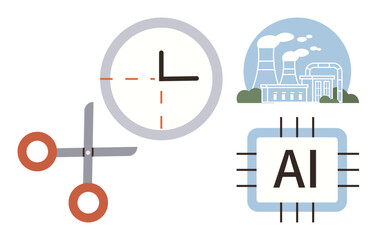Scissors cutting clock highlight time management AI chip symbolizes technology factory shows industrial progress. Ideal for innovation, automation, technology, energy, productivity, efficiency