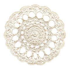 Intricate handmade cream colored lace doily with circular floral patterns and openwork design isolated on transparent background