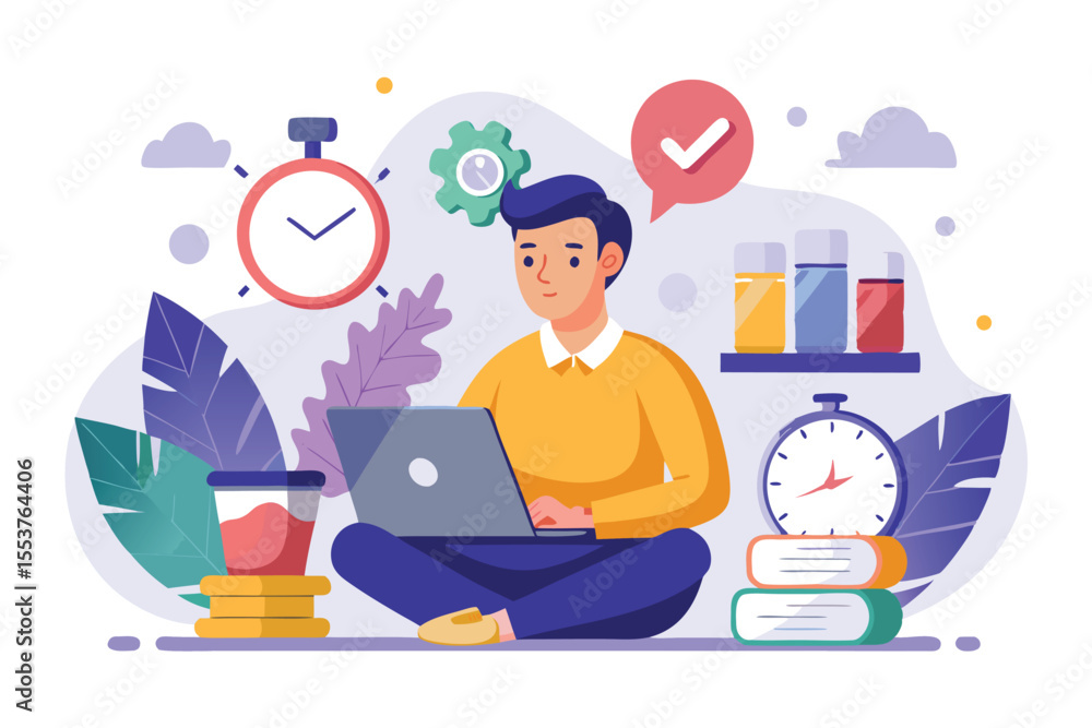 Poster man working on laptop with deadline concept surrounded by tools, clock, and study materials in a col