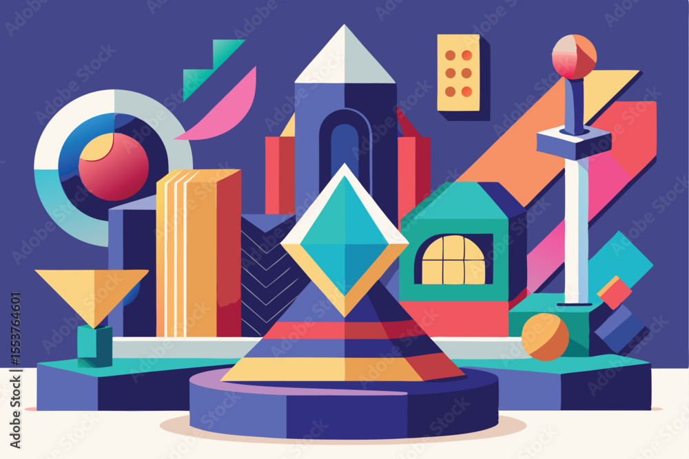 Poster dynamic geometric abstract sculpture in a colorful modern art installation featuring various shapes 
