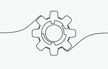 Single line drawing with one gear, continuous gear sketch icon, minimal mechanical outline, one stroke cogwheel, simple vector illustration