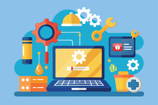 Laptop troubleshooting service concept featuring tools, gears, and a loading screen showcasing repair and maintenance activities in a digital setting