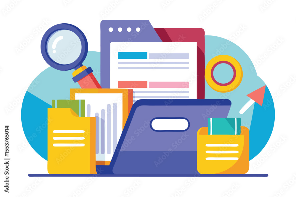 Poster searching for important documents in an office folder with various files and organizational tools on