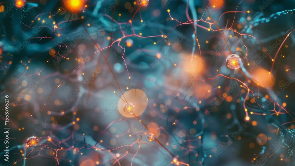 Poster intricate neural networks illuminated with shimmering orbs showcasing microscopic cellular connectio