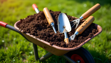 Afternoon Glow: Tools Rest in a Soil-Filled Wheelbarrow