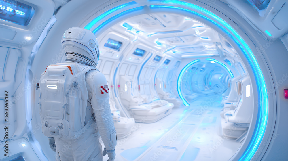 Poster an astronaut in a sleek white suit stands in a high-tech corridor of a spacecraft