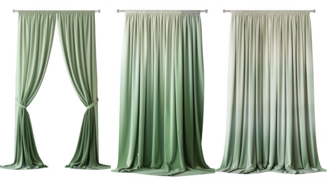 Three elegant green curtains with a gradient effect are isolated on transparent background, showcasing their soft texture and elegant drape