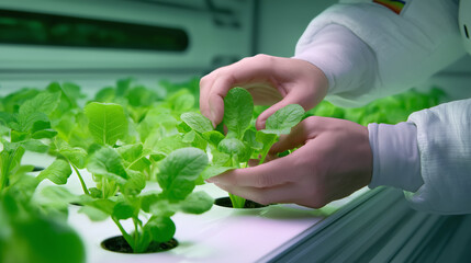 Hands nurture young plant seedlings in a hydroponics system designed for Mars colonization. This effort showcases advances in agriculture essential for sustaining human life on the planet