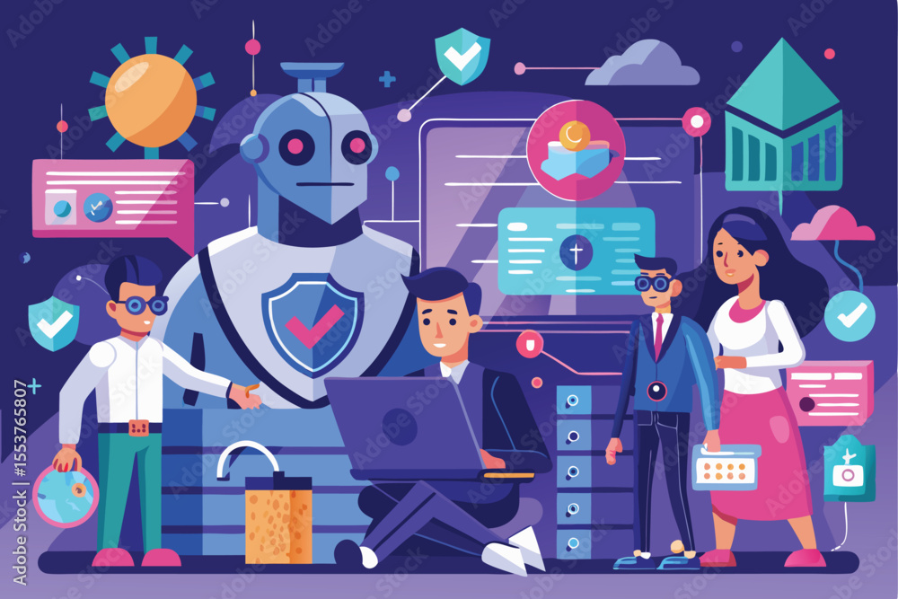 Poster exploring the integration of artificial intelligence in security with diverse characters working col