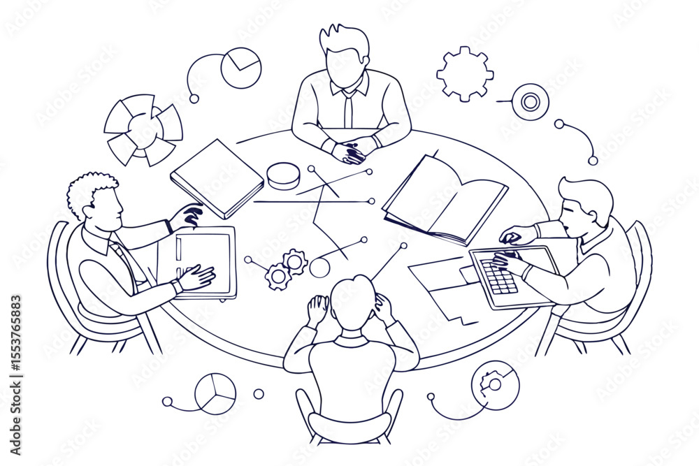 Poster continuous line drawing of a business meeting from a top view showing five professionals engaged in 