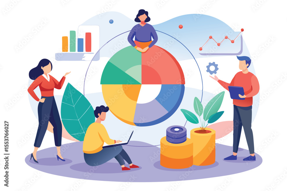 Poster business professionals engage in data analysis and strategy planning while interpreting visual graph