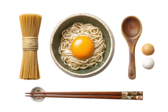 PNG Asian egg ramen with uncooked noodles and wooden utensils on black background