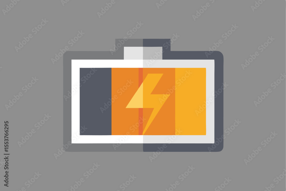 Poster minimalist battery icon with clean geometric terminals showing charged status against a simple grey 