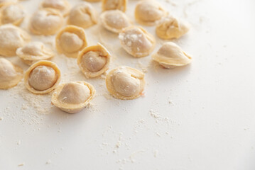 Raw homemade dumplings dusted with flour.