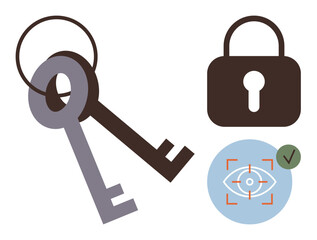 Keys on a ring, padlock, and biometric eye scan with a check mark emphasize access and digital security. Ideal for security, encryption, biometrics, privacy, authentication, technology data