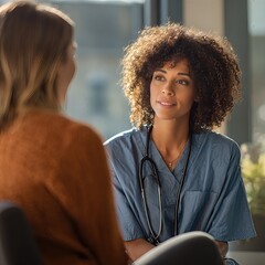 Black female doctor counseling a white female patient in a calm, private consultation room