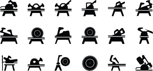 Silhouette Icons of Circular Saws and Woodworking Tools on Workbenches vector illustration