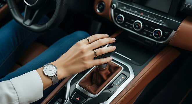 Hand shifts gear in car interior with leather and modern dashboard