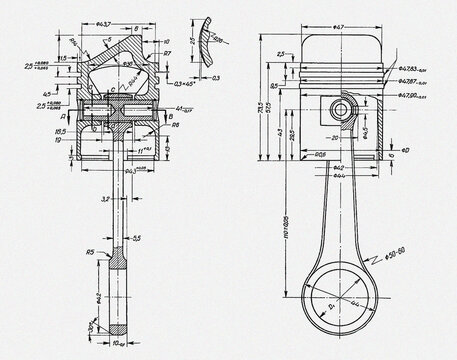 Piston and connecting rod of motorcycle, car engine.
Engineering mechanical drawing. Technical machine
computer cad scheme. 
Technology mechanic design with dimension line 
on white paper sheet.