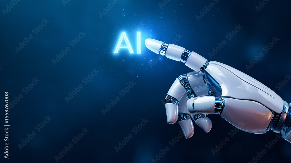 Poster a robotic hand reaches out to touch luminous ai text, symbolizing the interaction between humanity a