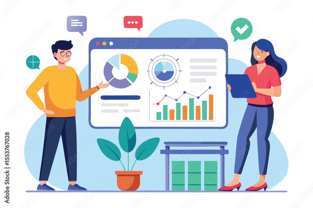 Poster business teamwork concept vector illustration featuring two professionals analyzing data and collabo