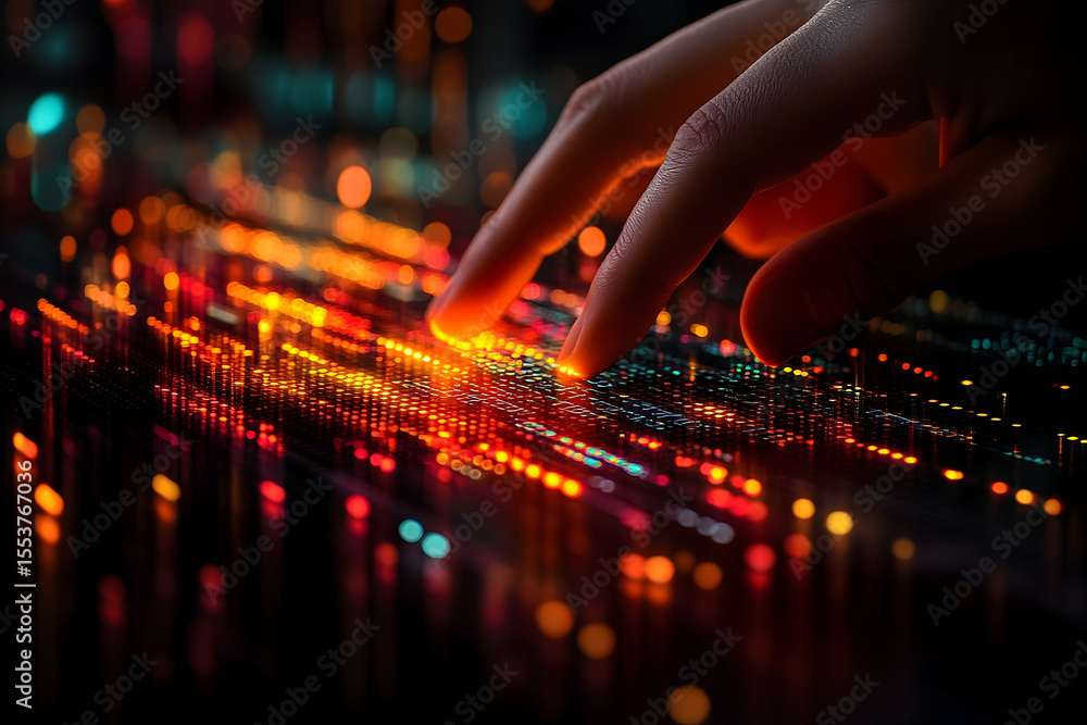 Wall mural illuminated fingertips interacting with luminous data stream