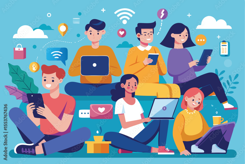 Poster group of digital device users engaged in activities together in a vibrant, modern setting during a r