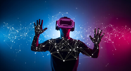 Man wearing vr headset interacts with virtual network in a neon lit space
