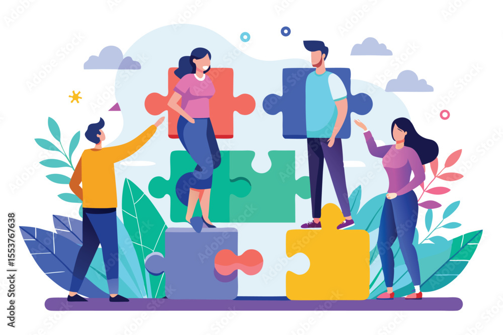 Poster collaboration and teamwork through puzzle assembling to represent partnership success in a modern of