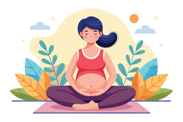 Pregnant woman practicing prenatal yoga for relaxation and well-being in a serene outdoor setting during her third trimester