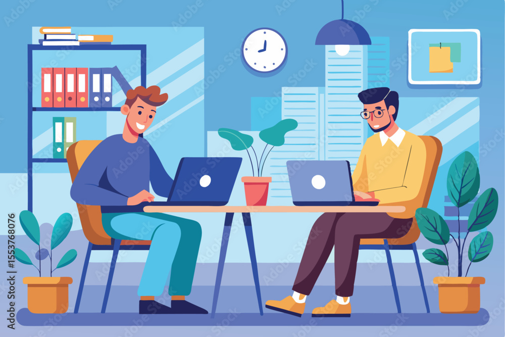 Poster man works diligently on laptop while a colleague collaborates in a modern office setting during the 