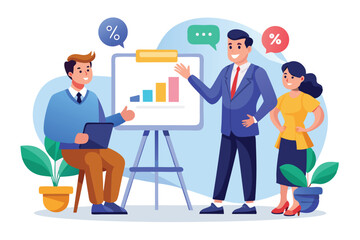 Obraz premium Business coaching session with engaged participants discussing strategies and growth in a cartoon style illustration