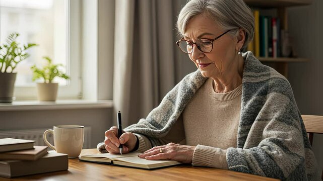 Elderly woman writing in cozy home with coffee and books