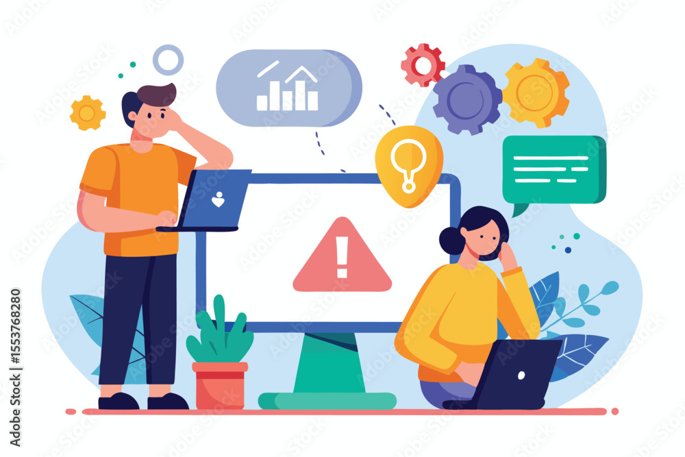Poster People engaged in problem-solving with computers while encountering error icons and technical challenges in a modern office environment